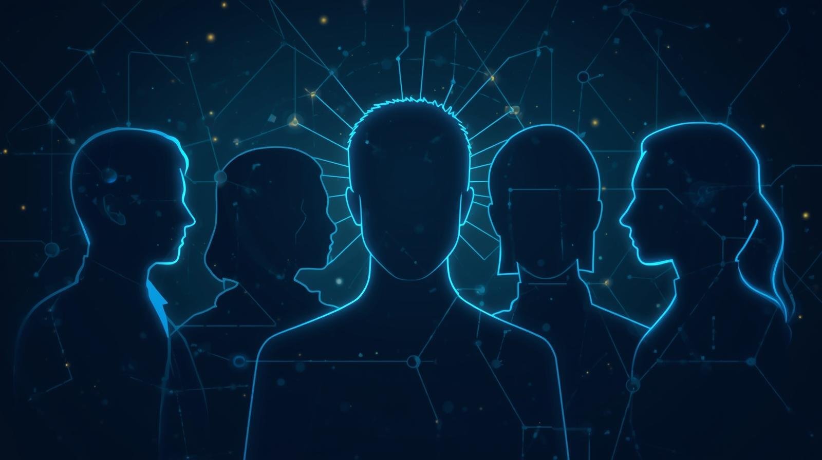 Create a cinematic neon blueprint-style image showing a group of abstract human silhouettes representing the ethnic and gender diversity of humanity, but all adults, connected by subtle glowing lines, representing