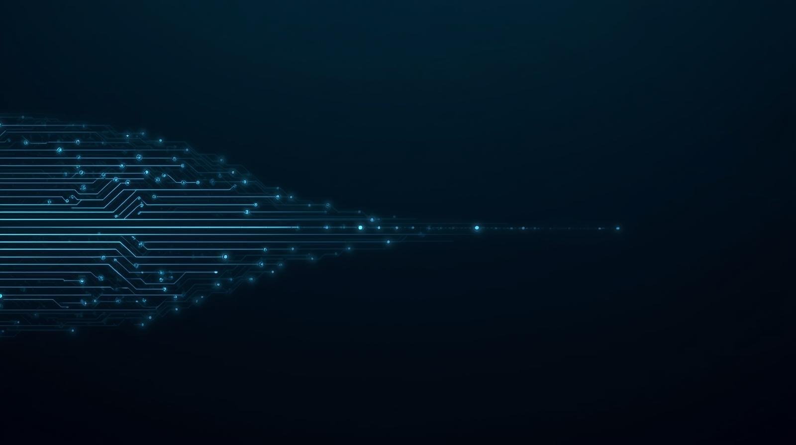 Dark navy gradient background._Chaotic glowing circuit lines on the left gradually converging into organized rectangular layers arranged horizontally, forming a clear forward-moving system flow._A soft luminous AI