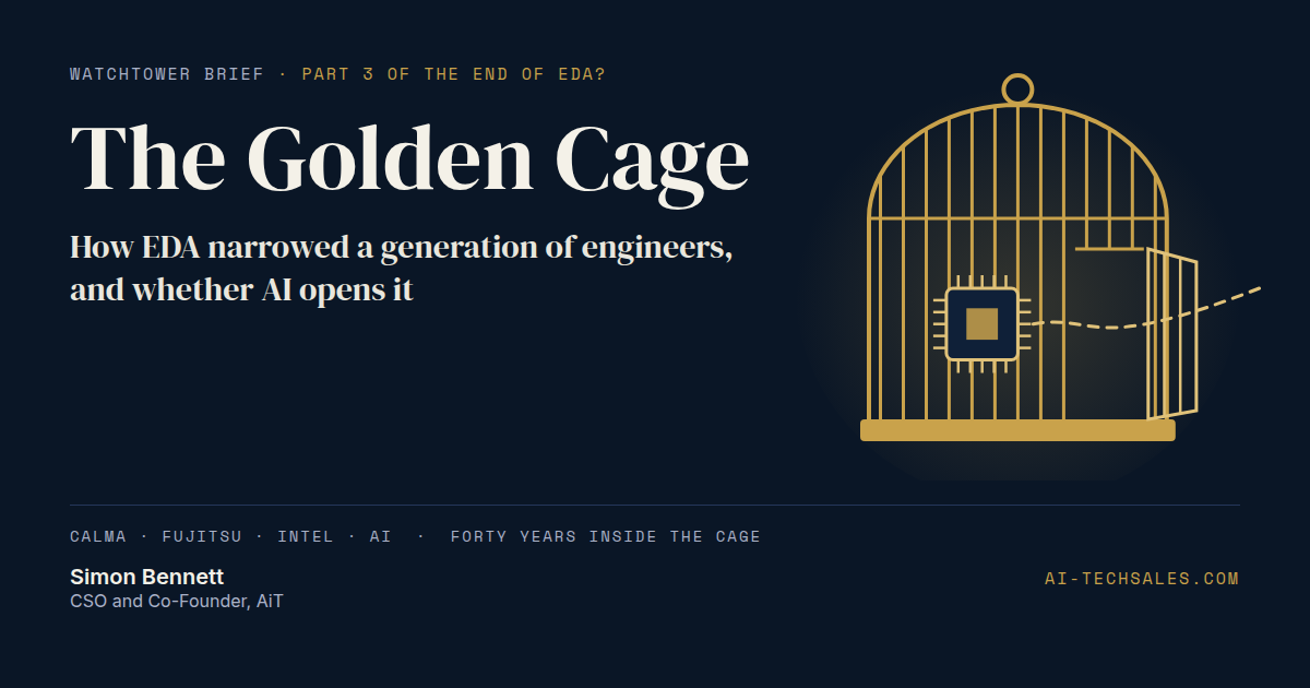 Gold birdcage with an open door and a microchip inside, a dashed path leading out.
