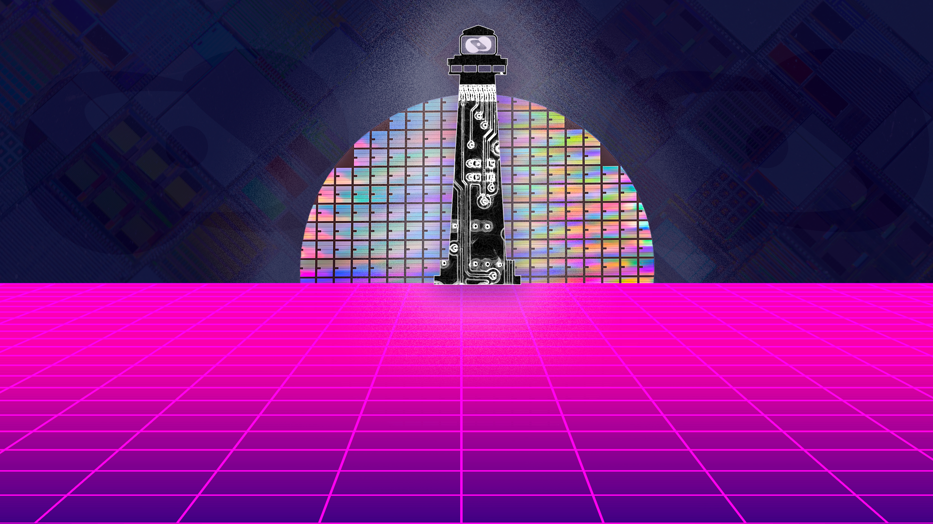 A watchtower on a synthwave horizon, its sun a silicon wafer